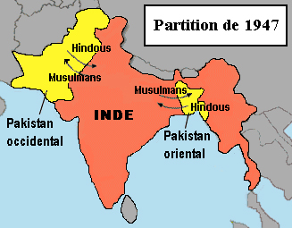 Scission de le colonie Britannique en deux nations : l'Inde et le Pakistan