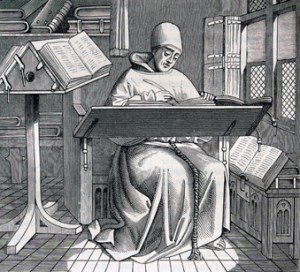Un copiste au Moyen-âge (d'après une miniature d'un manuscrit du XVème siècle, les Chroniques de Hainout, qui existe à la bibliothèque de Bruxelles
